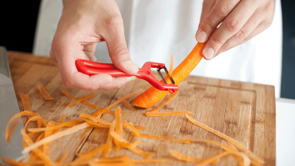 Peel carrots up and down in one motion as peelers mostly have two blades