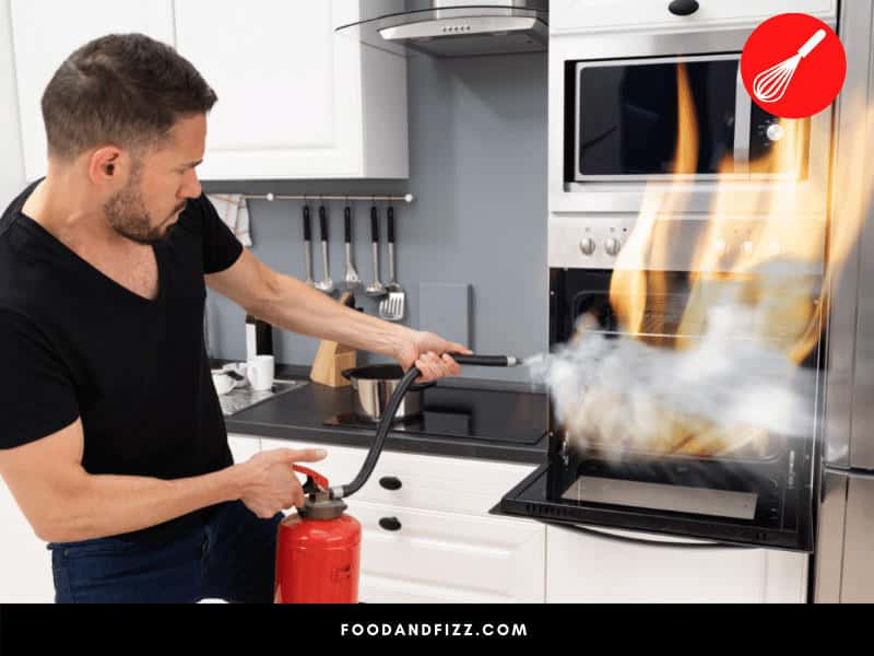 A fire extinguisher will not help very much in putting out self-cleaning oven fires as they have a self-locking mechanism during cleaning. Opening the open door will only fuel the fire. It's best to just evacuate and call 911