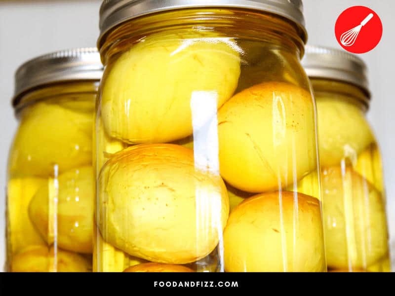 Any off color, odor and appearance, plus bulging lids and bubbles are usually a sign that your pickled eggs have gone bad, and must be discarded.