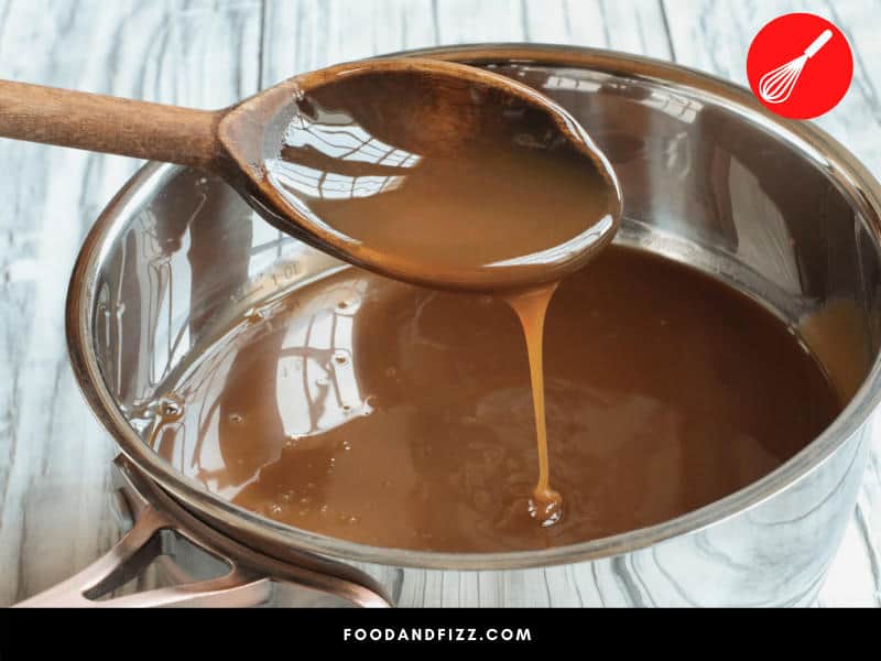 If your caramel was made with butter, add water to thin it out, as adding milk or cream may make the sauce too fatty, resulting in the sauce separating.