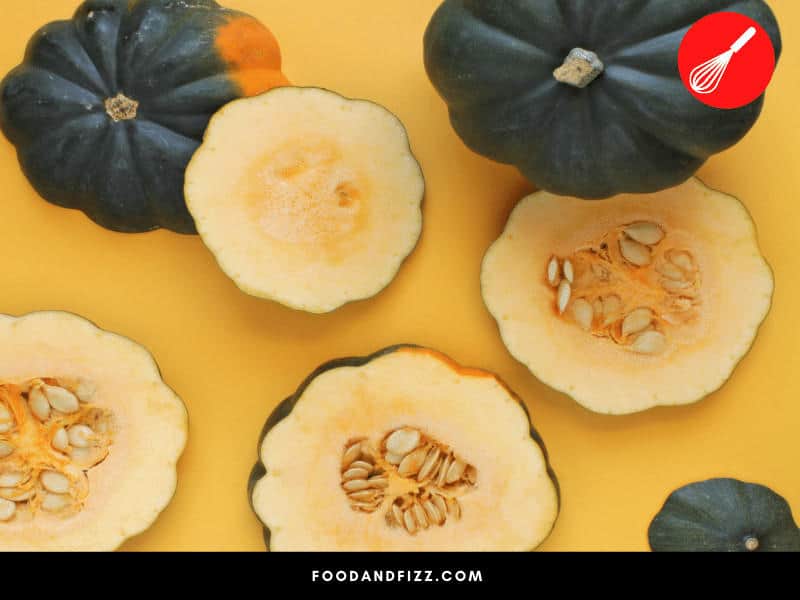The seeds of the Acorn Squash should be a healthy white or cream color. If it is a slimy or has turned grey, it is overripe.