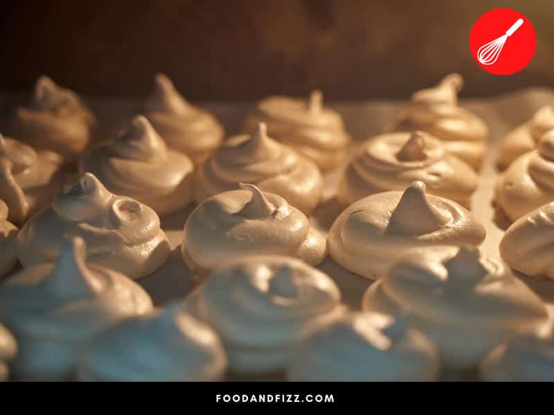 The key to perfectly white meringues is to cook them at low heat for a longer time vs high heat and a shorter cooking time.