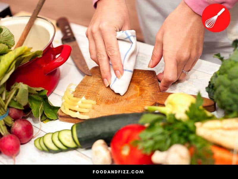 Removing food stuff immediately after using cutting board will prevent hardening and build-up of debris.