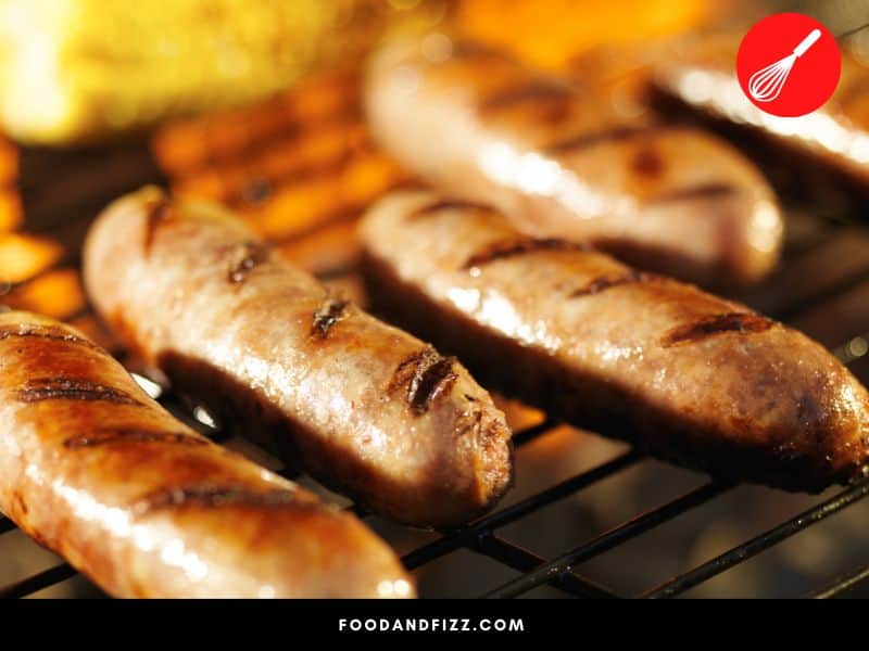 Bratwursts are spiced sausages usually made of pork, but can be made with beef and veal too.