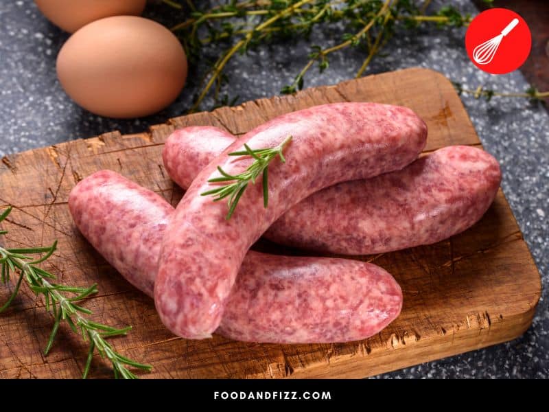 Fresh pork sausages are pink-colored, bouncy and firm.