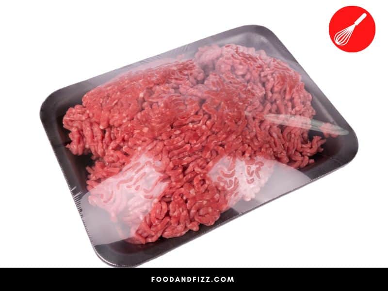 Ground beef should be properly wrapped and kept away from other food to avoid cross contamination.